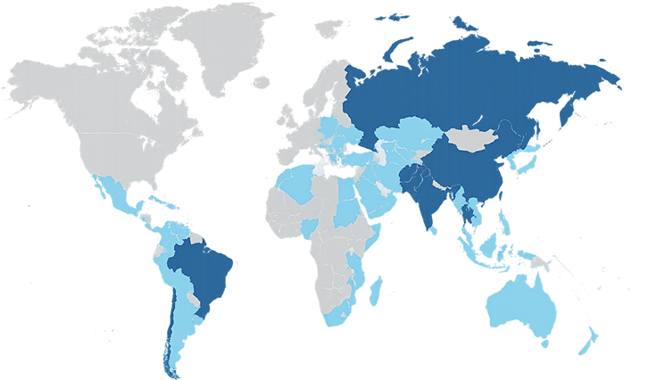 World map highlighting BRICS countries in dark blue and BRICS partner countries in light blue. All other countries shown in gray.